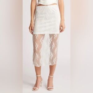 All In Favor Semi-sheer White Lace Midi Skirt- Size Small